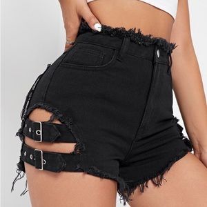 high waisted strap jean shorts